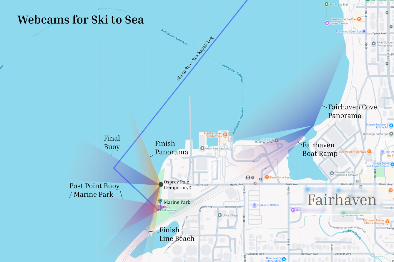 Map of Marine Park and Fairhaven Cove showing camera positions and fields of view.